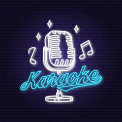 Poster - Karaoke neon poster, banner. Neon sign, emblem, bright signboard, light banner with retro microphone. Vector illustration. Advertising bright night karaoke for night club. Design template