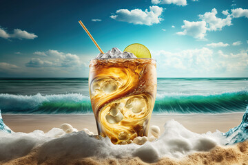 Refreshing citrus beach cocktail with ice in sand by sea waves on hot summer day. Lots of copy space. Based on Generative AI