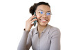 A woman with glasses office talking on the phone smiling showing teeth, isolated transparent background.