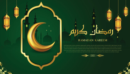 Ramadan kareem greeting card vector with crescent moon golden lamp on green background