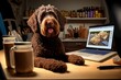 © YuDwi Studio - Labradoodle dog ordering online by internet for home delivery. Paws on laptop with a food shopping product selection. Concept for pets using technology, or animals imitating humans by ai generative