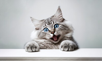 funny large longhair gray kitten with beautiful big green eyes lying on white table. Lovely fluffy cat licking lips by ai generative