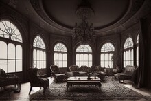 Gothic Mansion Victorian Living Hall Room Interior Design Illustration. Generative AI