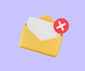 Poster - 3D Mail sign with red cross x. Email rejected letter, unsubscribe, verification elements for banner template. Isolated on background with empty copy space for text or promotion. Business. 3D Rendering