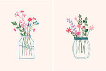 A Bright Bouquet Of Wildflowers In A Glass Jar On A Pastel Background. Spring Flowering. Minimalist Postcards For Celebrating Mother's Day, Spring, Birth, Wedding, Etc. Vector Illustration