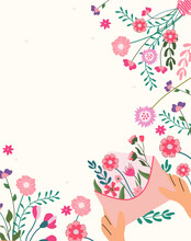 A Hand Holding A Bouquet Of Wildflowers Inside And Around An Envelope. A Bright Composition For Celebrating A Birthday, Wedding, Mother's Day, Spring, Etc. Vector Illustration.