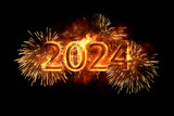 Fototapeta  - Nowy rok 2024 - płonący napis wyłaniający się z fajerwerków spośród nocy