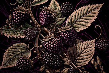 Wall Mural -  a painting of berries and leaves on a black background with purple and green colors in the background, and a black background with a purple border.  generative ai