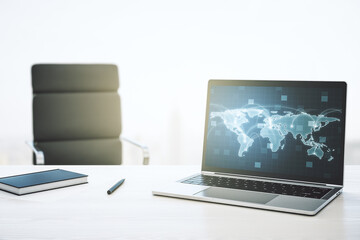 Leinwandbilder - Computer monitor with abstract graphic digital world map with connections, globalization concept. 3D Rendering