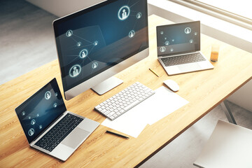 Poster - Modern computer display with social network icons concept. Networking concept. 3D Rendering