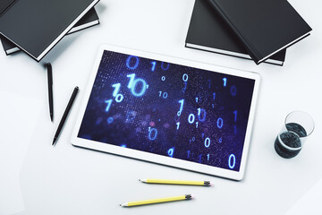 Poster - Top view of modern digital tablet monitor with creative abstract binary code hologram. Database and programming concept. 3D Rendering
