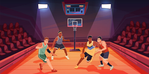 Basketball match. Professional sports game, different teams players with orange ball, closed hall with spectator seats, people on tournament or championship tidy vector cartoon flat concept