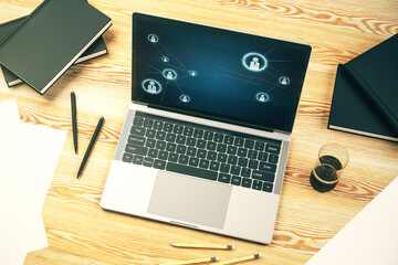 Aufkleber - Modern computer display with social network icons concept. Networking concept. 3D Rendering