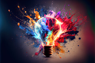 Artistic multicolored explosion of paint in light bulbs. simple idea. multicolored light bulb. Generative AI