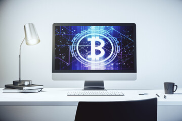 Poster - Modern computer monitor with creative Bitcoin symbol. Cryptocurrency concept. 3D Rendering