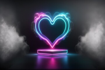 Wall Mural - Neon light heart frame glowing among soft clouds. generative ai