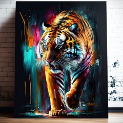 Canvas painting of a walking tiger. Painting leaned on a white brick wall.  Generative AI. 