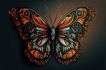  a butterfly with orange and blue wings on a black background with a brown background and a black background with a white border and a black border.  generative ai