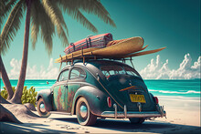 Old Vintage Car On The Beach With A Water Skateboard, A Beautiful Palms, Generative Ai,  