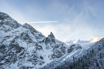 View of the mountain range from Morskie Oko. Morskie oko mountain lake in High-Tatras,