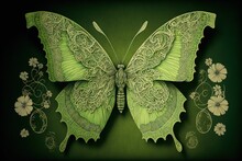  A Green Butterfly With Intricate Designs On It's Wings And Wings, With Flowers Around It, On A Green Background With A Black Border.  Generative Ai