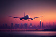 Ein Flugzeug fliegt über eine Großstadt mit wunderschöner Skyline  - Generative Ai