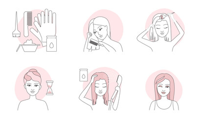 Hair coloring instruction thin line icons set vector illustration. Outline girl using gloves, paint brush and dye packaging to apply cream dye, infographic process to change hair color at home