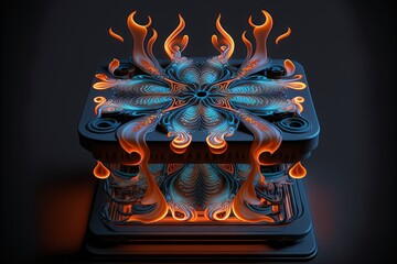 Poster -  a computer generated image of a fire and ice cube with flames on it's sides and a black background with a red and blue flame.  generative ai