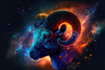 aries zodiac sign against space nebula background. astrology calendar. esoteric horoscope and fortun