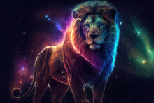 Lion Or Leo Zodiac Sign Against Space Nebula Background. Astrology Calendar. Esoteric Horoscope And Fortune Telling Concept. Created With Generative AI