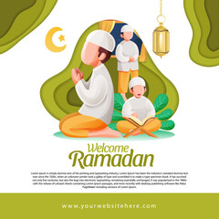 Sticker - Ramadan Greeting Square Social Media Post Template With Muslim Man Praying and Reading Quran Illustration