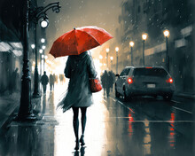 Illustration Painting Of Woman With Red Umbrella Crossing The Street,rainy Night. (ai Generated)