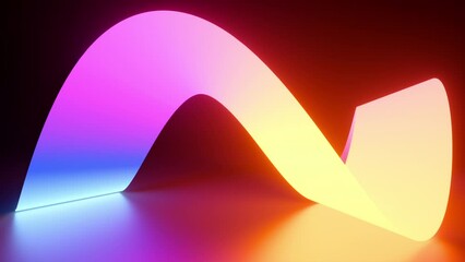 Wall Mural - looping 3d animation, abstract background, waving glowing neon ribbon goes around. Minimalist colorful wallpaper