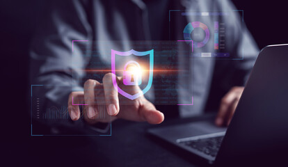Poster - Cybersecurity and privacy concepts to protect data. businessman with internet network security technology. Businessman locking personal data on computer with virtual screen interfaces. cyber security.