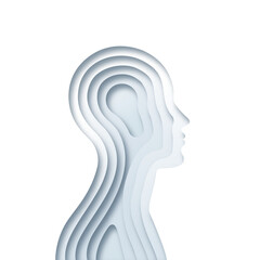 White paper cut man head illustration on isolated background. Modern 3D papercut craft people profile silhouette design for AI technology concept, psychology or human anatomy project.