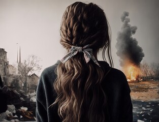 a girl watching town burning down during war time, Generative Ai