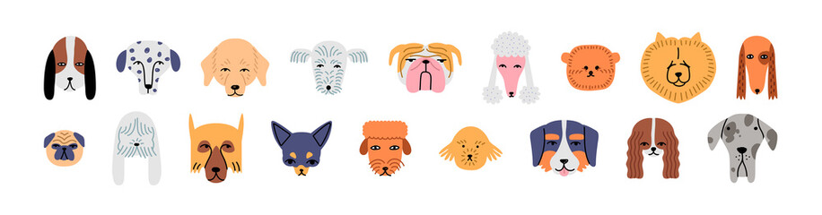 Wall Mural - funny dog animal head cartoon set in modern flat illustration style. cute puppy pet collection, dive