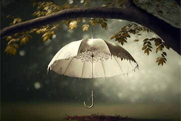 Poster -  a white umbrella is hanging from a tree branch in the rain, with a tree branch in the foreground and a green field in the background.  generative ai