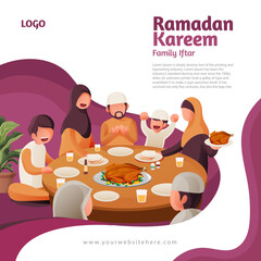 Wall Mural - Ramadan Greeting Square Social Media Post Template With Muslim Family Iftar Illustration