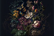 Vintage Exotic night garden with beautiful exotic flowers dark leaves exotic insects birds  background,generative ai.