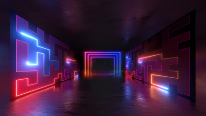 Wall Mural - 3d render. Abstract geometric background with neon rectangular frame inside the dark empty room and glowing laser labyrinth lines on the walls. Futuristic technology wallpaper