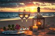 Romantic beach evening dinner during sunset: candles, champagne. Valentine's day concept, I love you written candles, a setting with a lamp wine glasses on the table with a box of roses on the beach