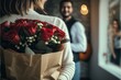 An unexpected moment in routine everyday life! Cropped photo of a man's hands hiding holding a chic bouquet of red roses and a gift with white ribbon behind back, happy woman is on blurred background