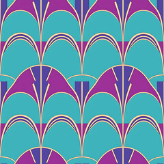 Wall Mural - Seamless art deco nouveau turquoise and magenta pattern. Generative AI 