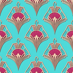 Canvas Print - Seamless art deco nouveau turquoise and magenta pattern. Generative AI 