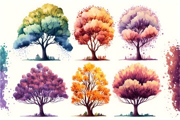 Wall Mural - Set of watercolor trees. Hand painting. Watercolor. Illustration for greeting cards, invitations, and other printing projects. generative ai art isolated on white background.
