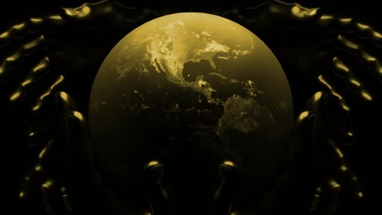 Poster - Black background with green and yellow patterns. Design. The illuminated planet earth made in abstraction is rapidly rotating around its axis.