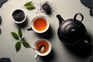 a tea pot and two cups of tea with leaves on a table top with a spoon and a tea bag on it and a tea 