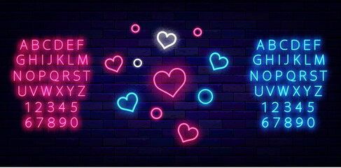 Wall Mural - Shiny confetti with heart shapes. Neon firework. Happy Valentines day celebration. Vector stock illustration