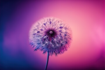  a dandelion with a purple background is in the middle of a picture with a blurry background of the dandelion in the foreground.  generative ai